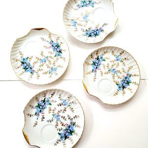 4 Vintage Yamaka Japan Porcelain China Tea Shell Plate Dish Gold Blue Floral LOT